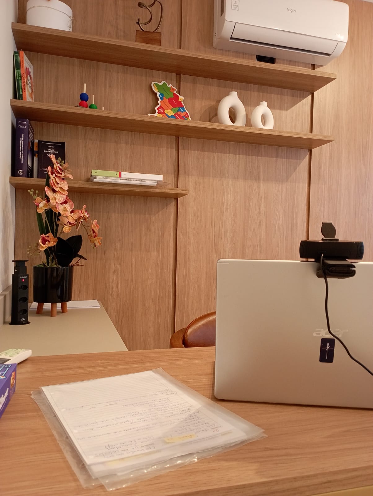 Detalhe da estante com livros técnicos e decoração